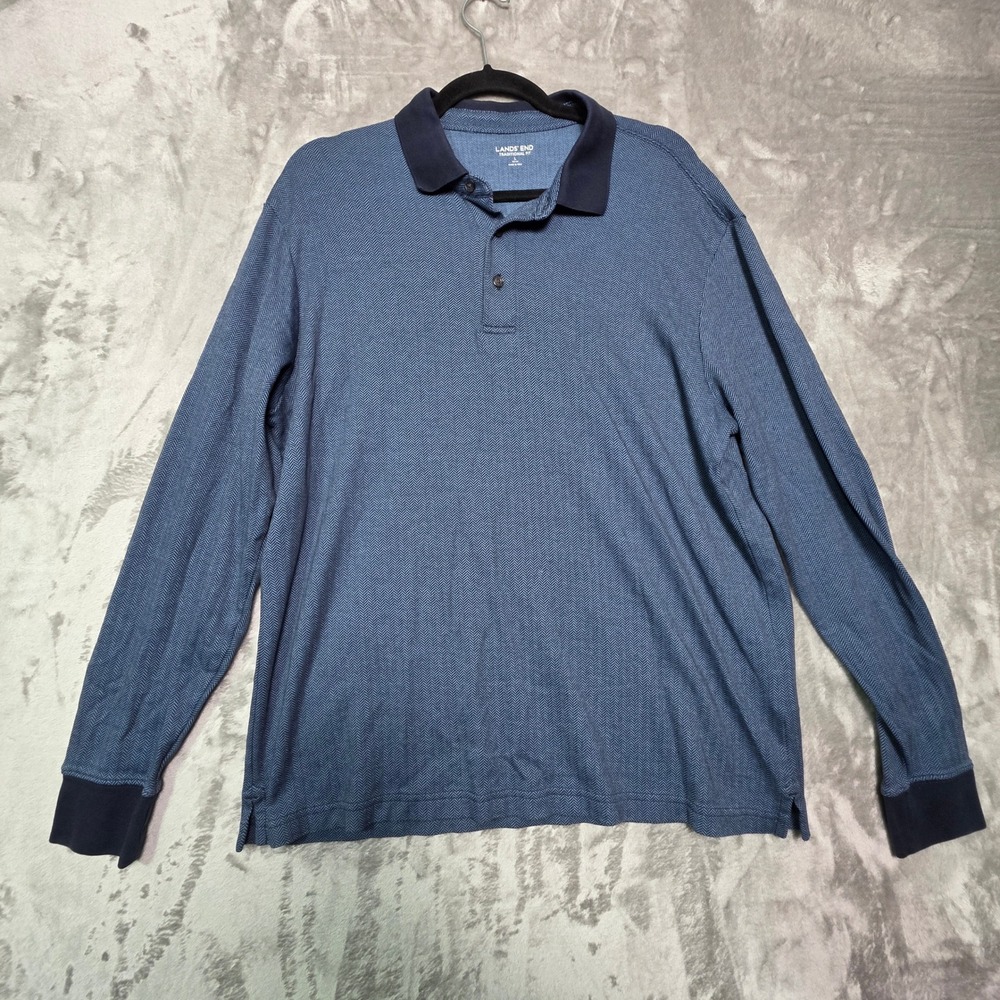 Lands End Mens Blue Herringbone Supima Cotton Long Sleeve Polo Shirt Large 42-44
